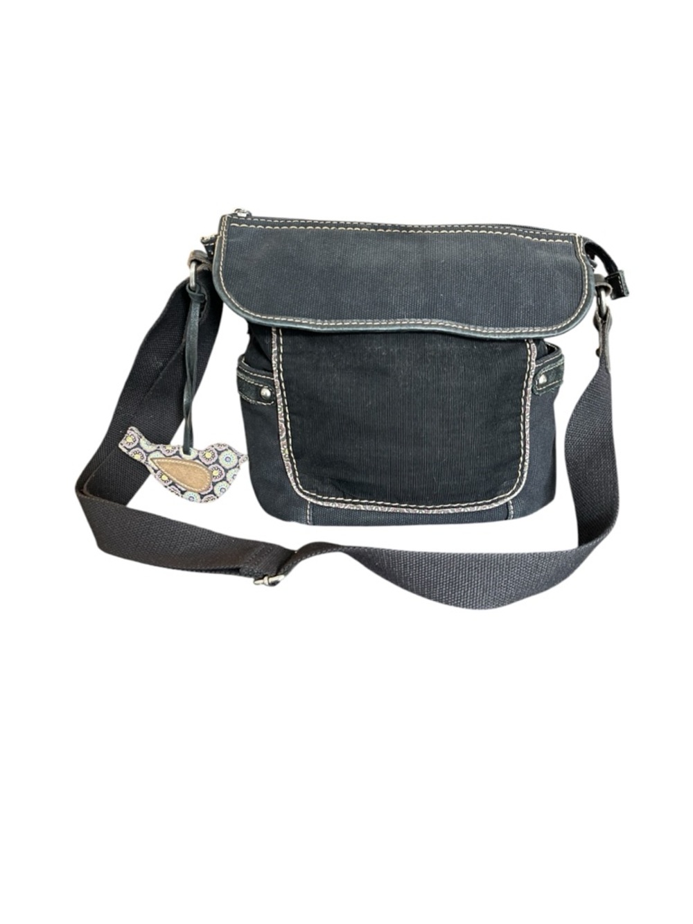 Fossil Navy Canvas & Corduroy Key Per Crossbody Purse with Bird Charm